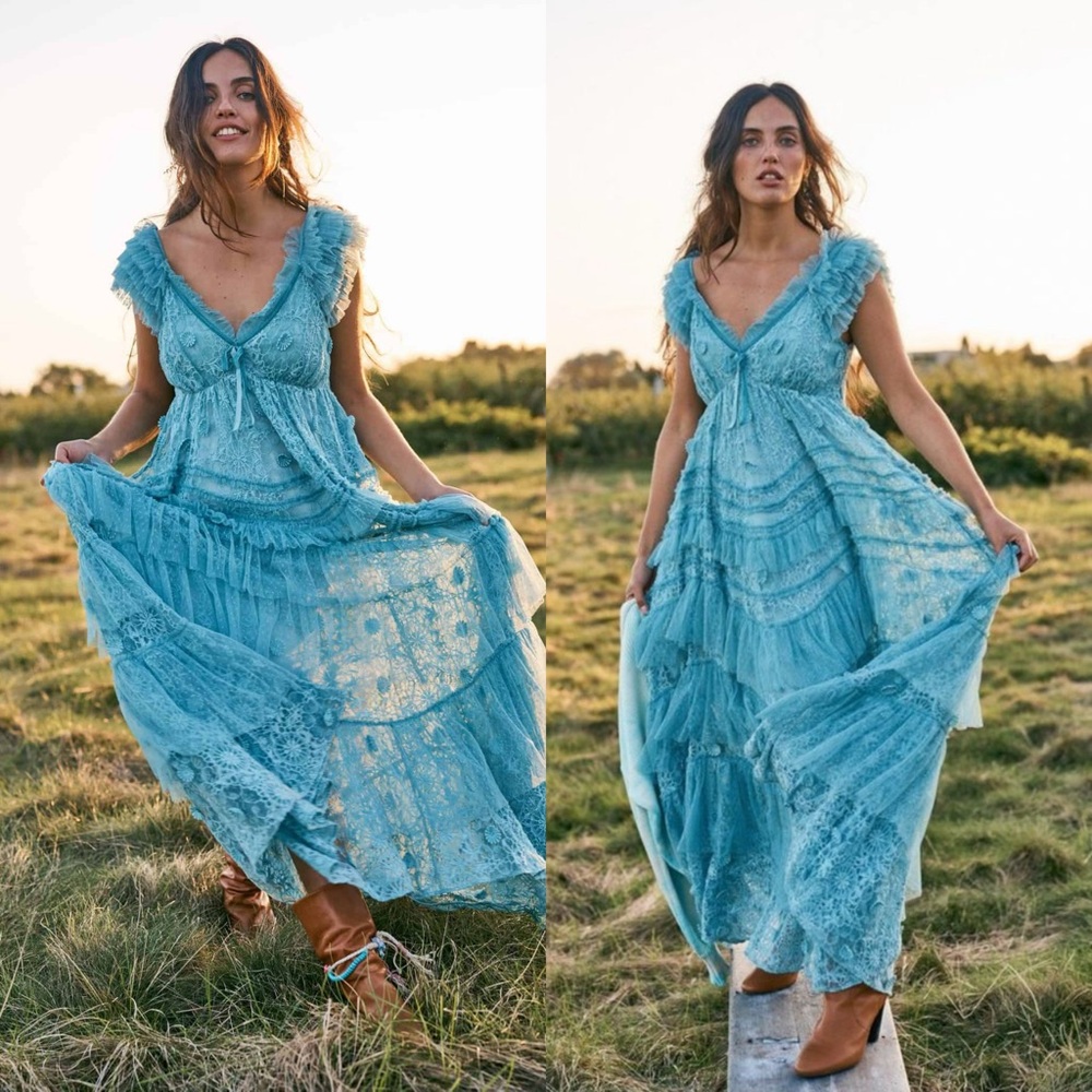 Free People x LoveShackFancy Flounce Xena Gown in Blue Size 6